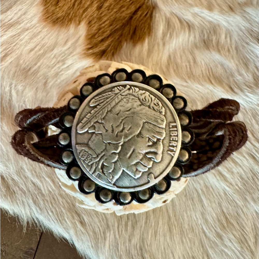 Brown Leather Braided Bracelet with Buffalo Nickel Medallion